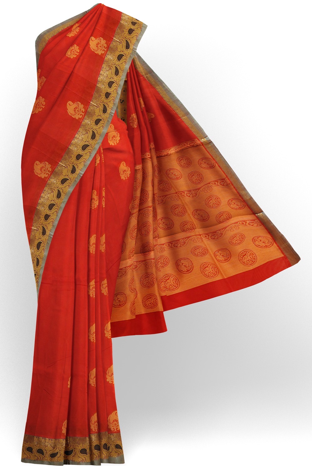 sri kumaran stores kora cotton saree red saree with grey border 1