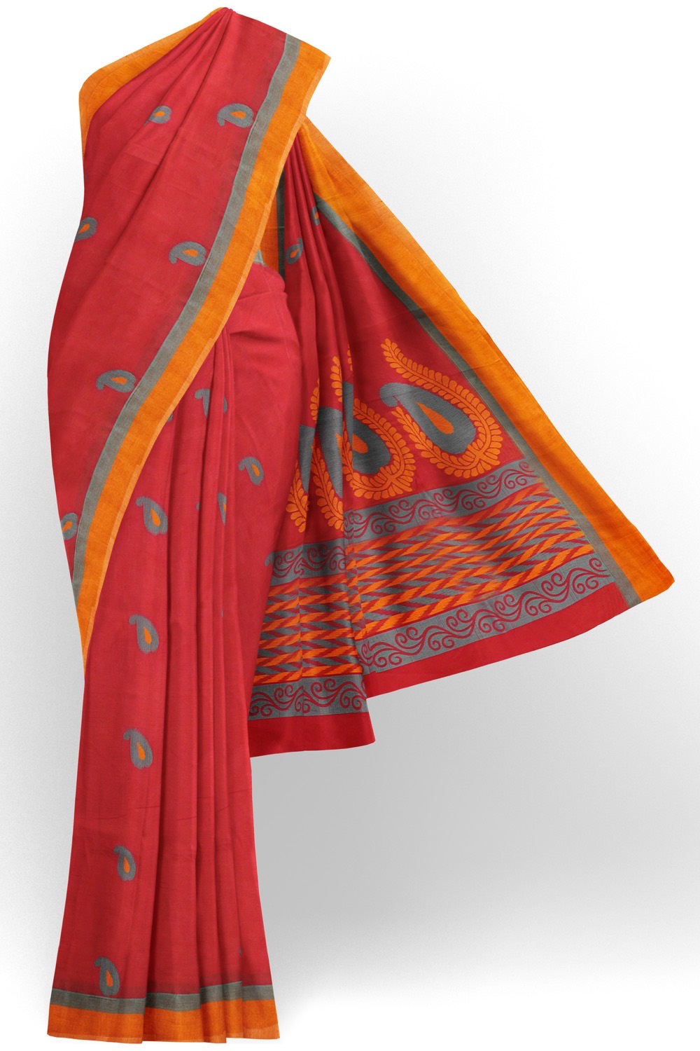 sri kumaran stores kora cotton saree red saree with orange border 1