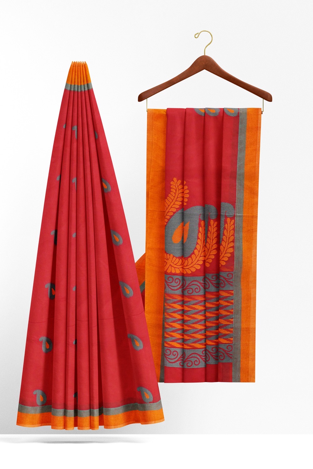 sri kumaran stores kora cotton saree red saree with orange border 2