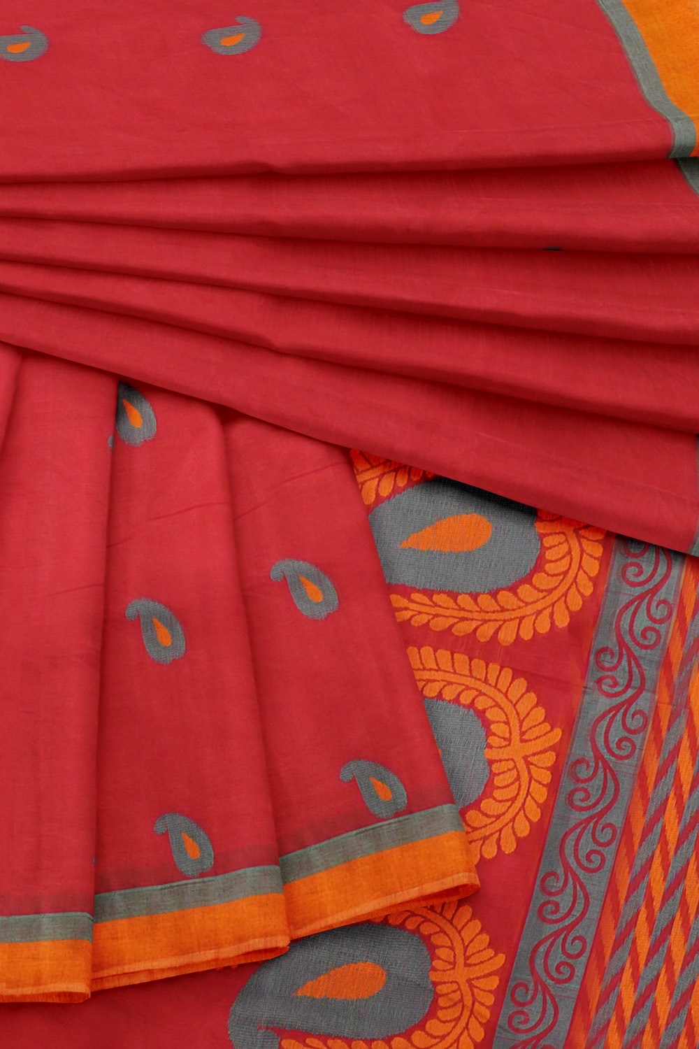 sri kumaran stores kora cotton saree red saree with orange border 4