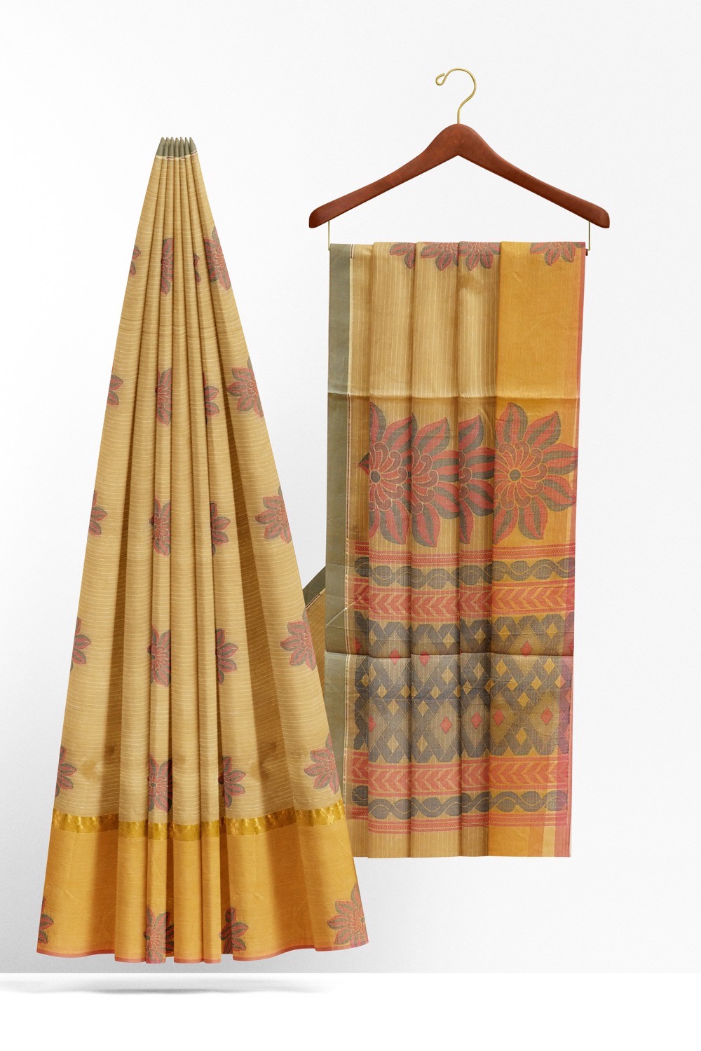 sri kumaran stores kora cotton saree sandal saree with golden pink border 2