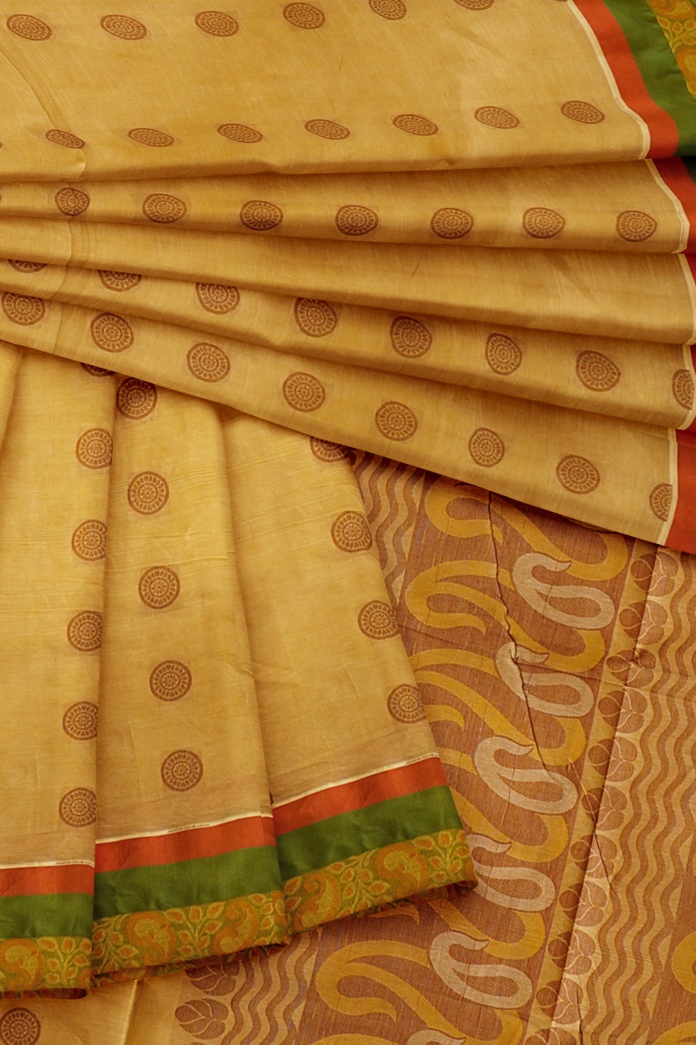 sri kumaran stores kora cotton saree sandal saree with green border 4