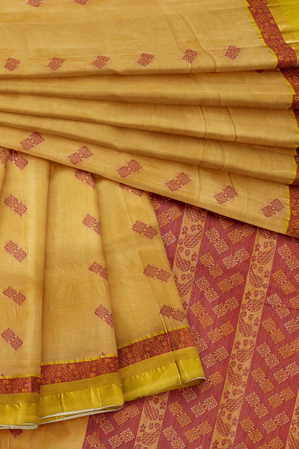 sri kumaran stores kora cotton saree sandal saree with yellow border 4