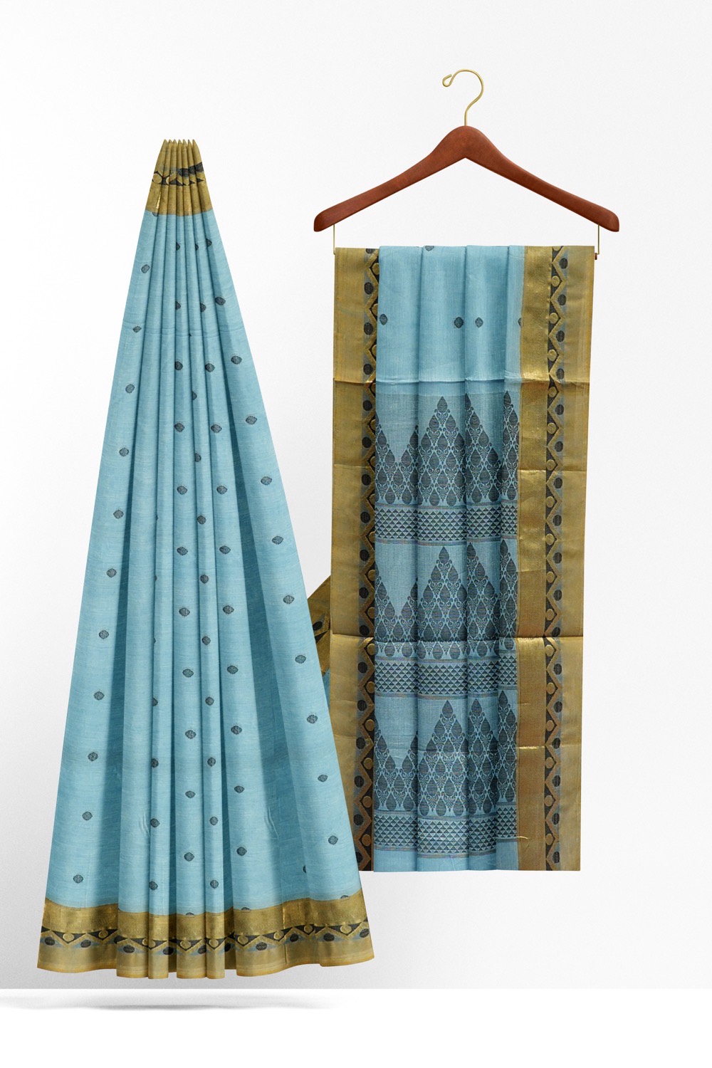 sri kumaran stores kora cotton saree sky blue saree with golden border 2