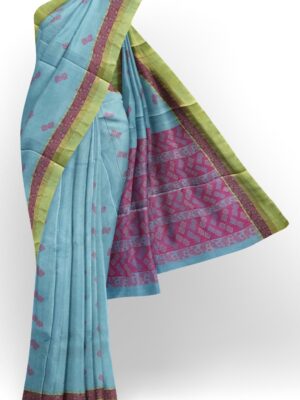 sri kumaran stores kora cotton saree sky blue saree with green border 1