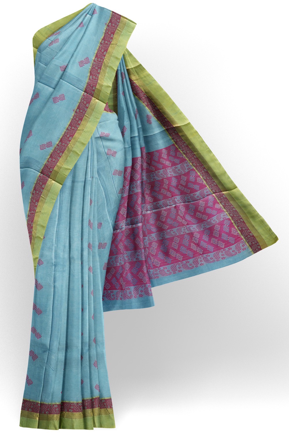 sri kumaran stores kora cotton saree sky blue saree with green border 1