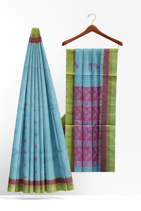 sri kumaran stores kora cotton saree sky blue saree with green border 2