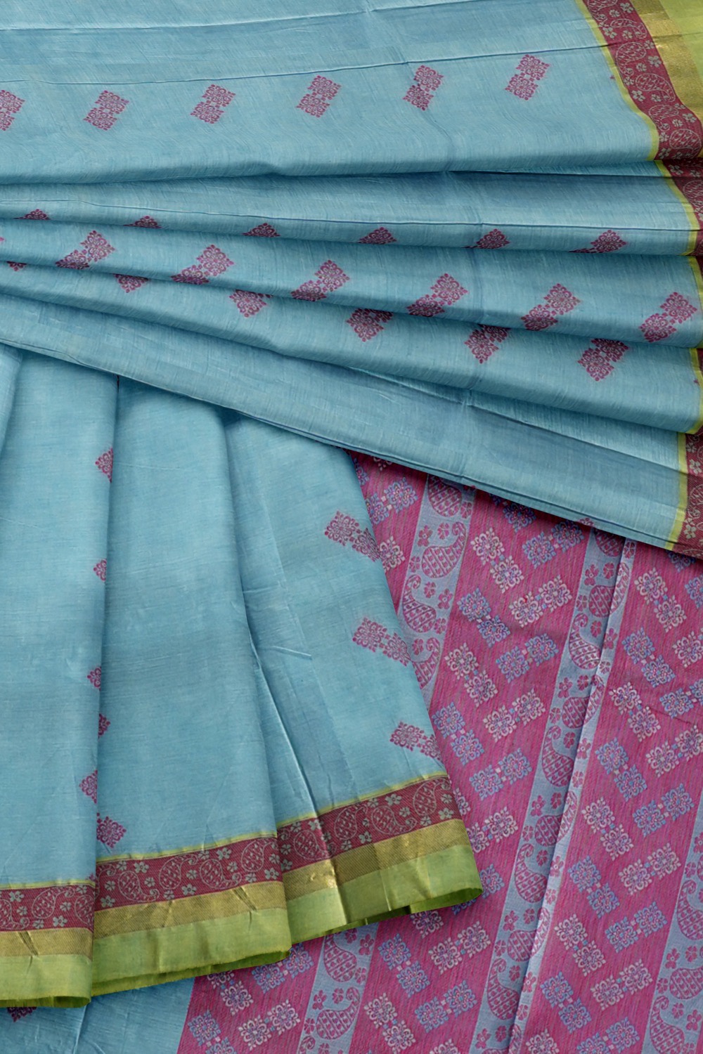 sri kumaran stores kora cotton saree sky blue saree with green border 4