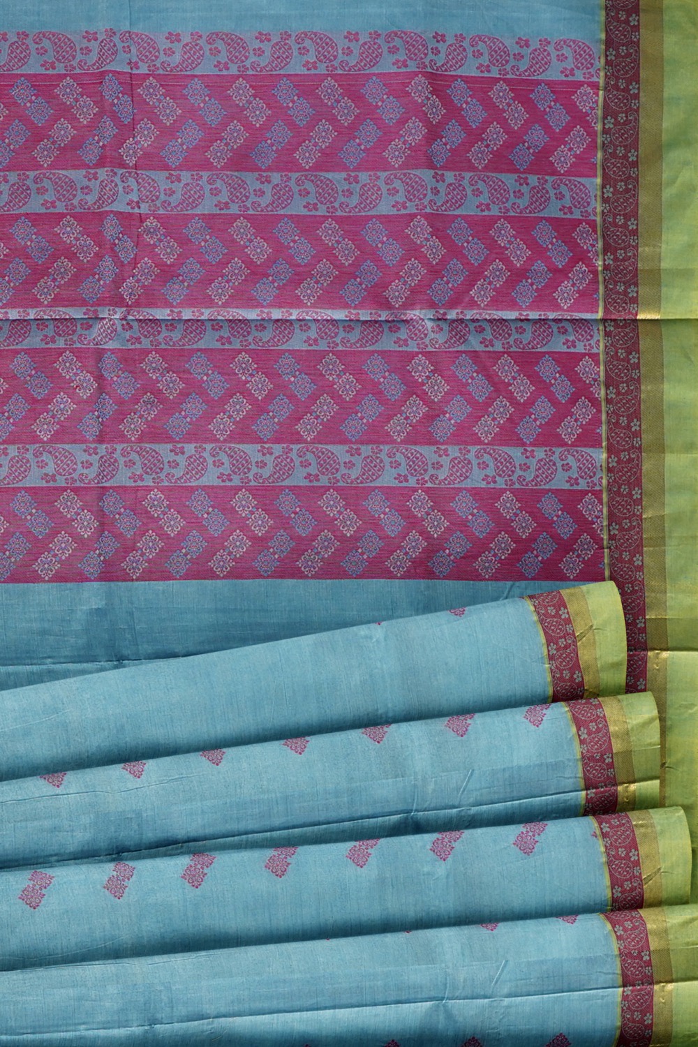 sri kumaran stores kora cotton saree sky blue saree with green border 5