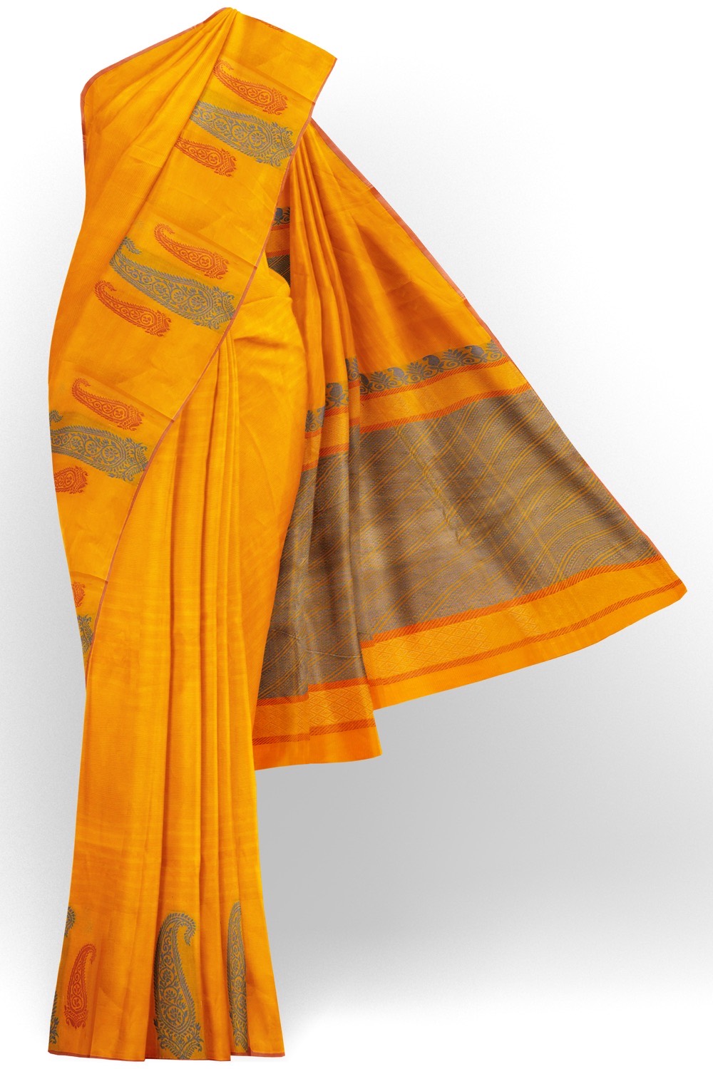 sri kumaran stores kora cotton saree yellow saree with floral border 1