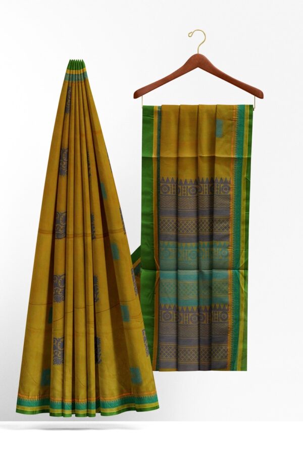 sri kumaran stores kora cotton saree yellow saree with green border 2