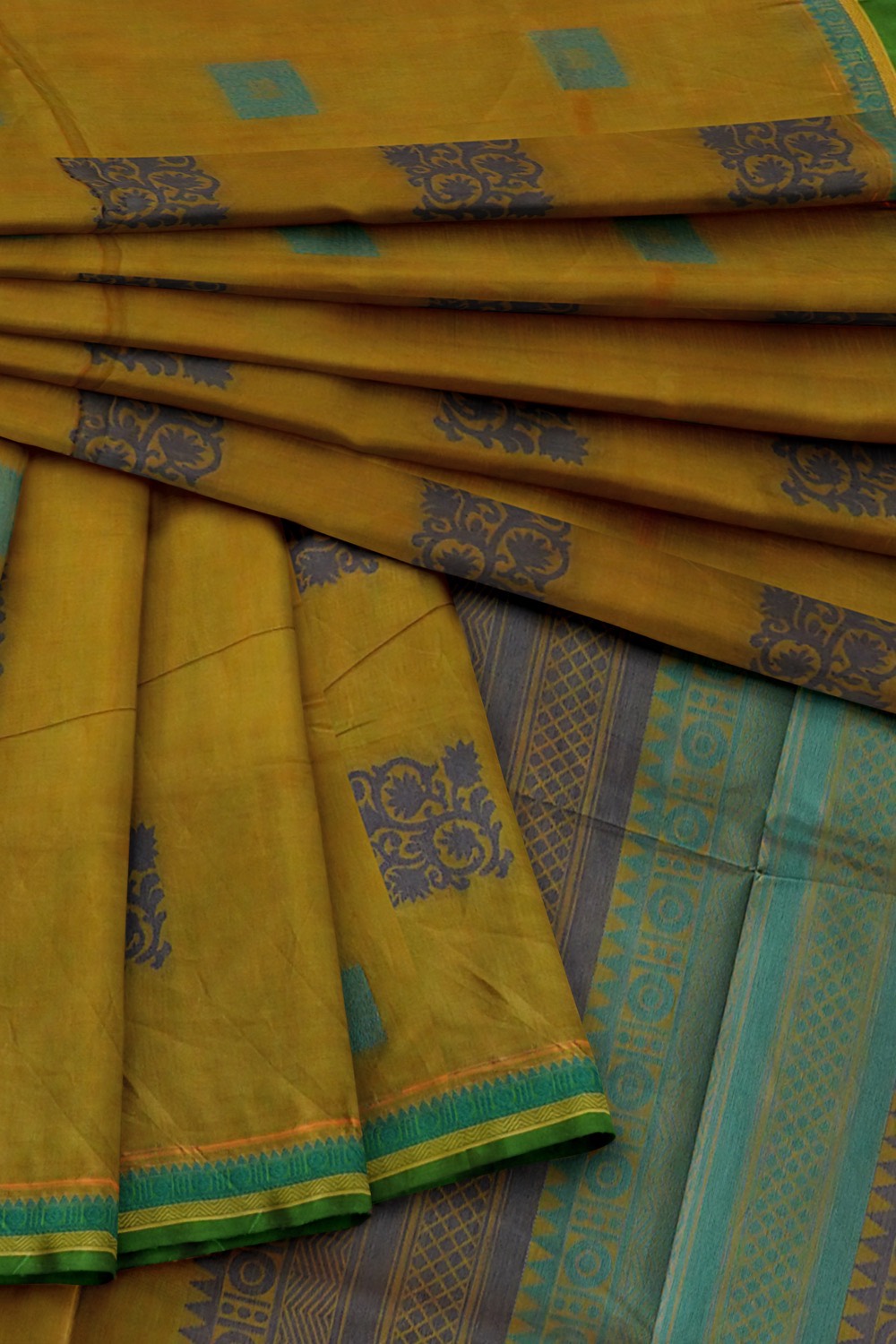 sri kumaran stores kora cotton saree yellow saree with green border 4