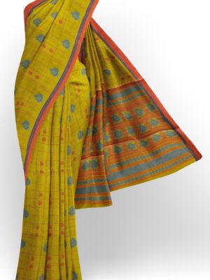 sri kumaran stores kora cotton saree yellowish green saree with red border 1