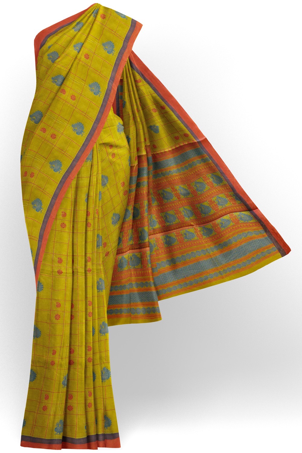 sri kumaran stores kora cotton saree yellowish green saree with red border 1