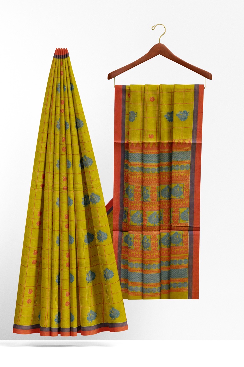 sri kumaran stores kora cotton saree yellowish green saree with red border 2