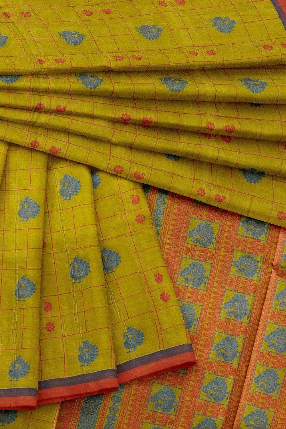 sri kumaran stores kora cotton saree yellowish green saree with red border 4