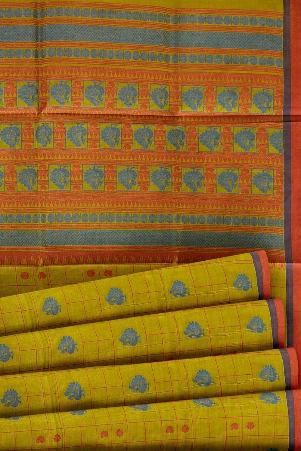 sri kumaran stores kora cotton saree yellowish green saree with red border 5