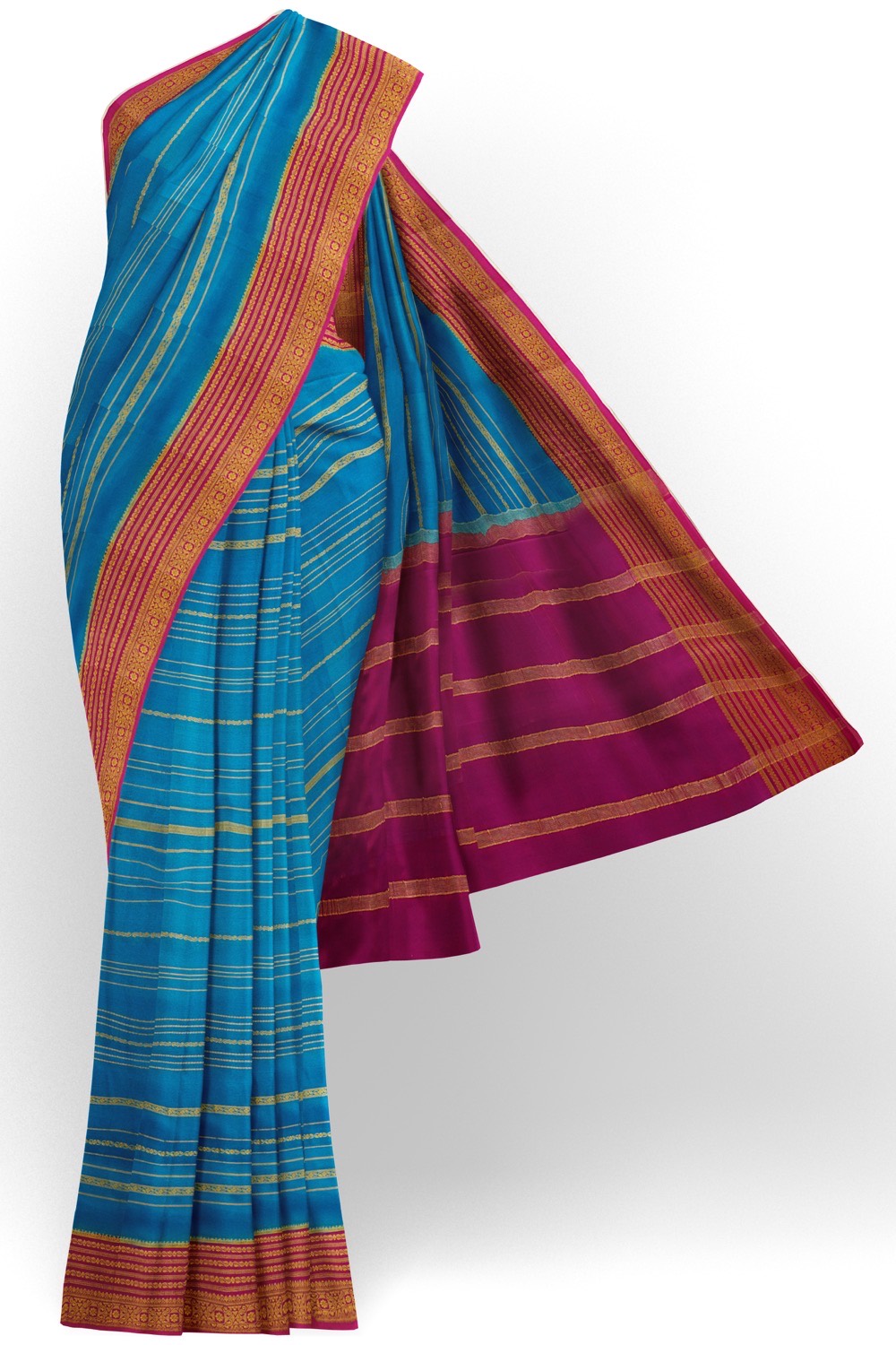 sri kumaran stores mysuru silk saree azure blue saree with dark pink border 1