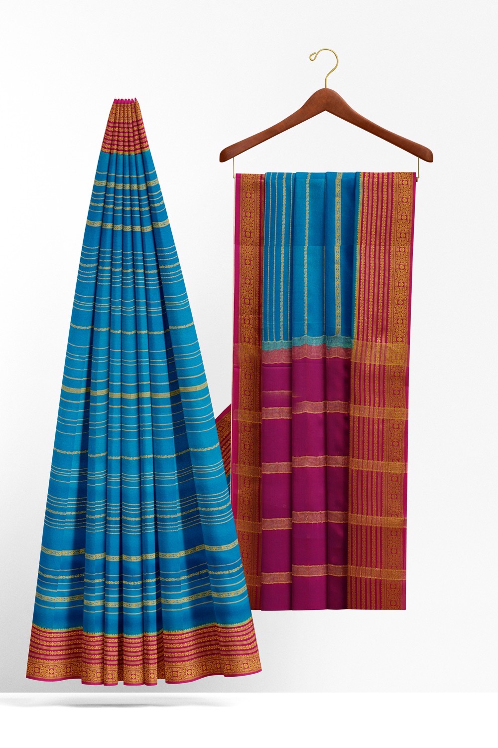 sri kumaran stores mysuru silk saree azure blue saree with dark pink border 2