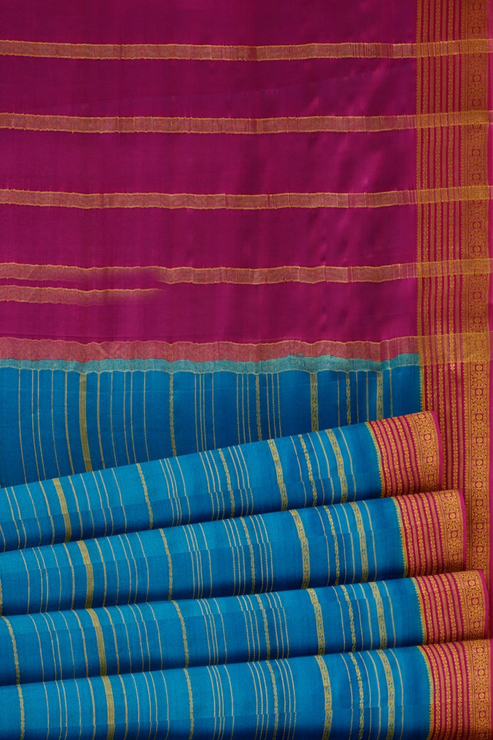 sri kumaran stores mysuru silk saree azure blue saree with dark pink border 5
