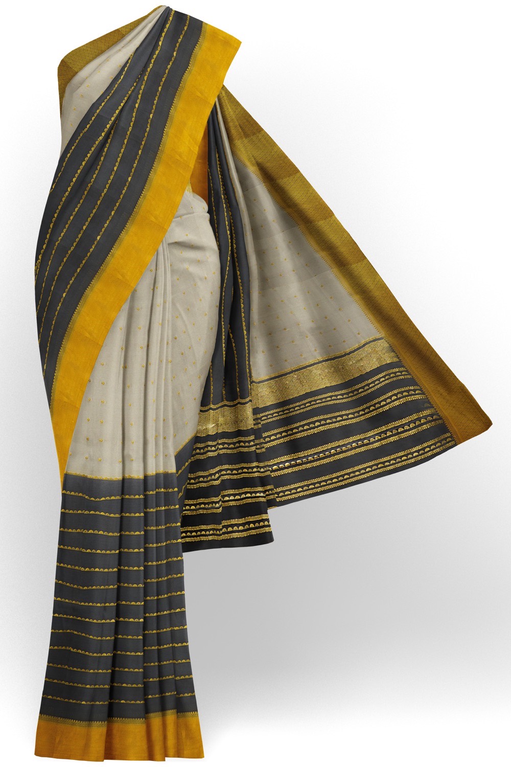 sri kumaran stores mysuru silk saree black and grey saree with golden zari border 1