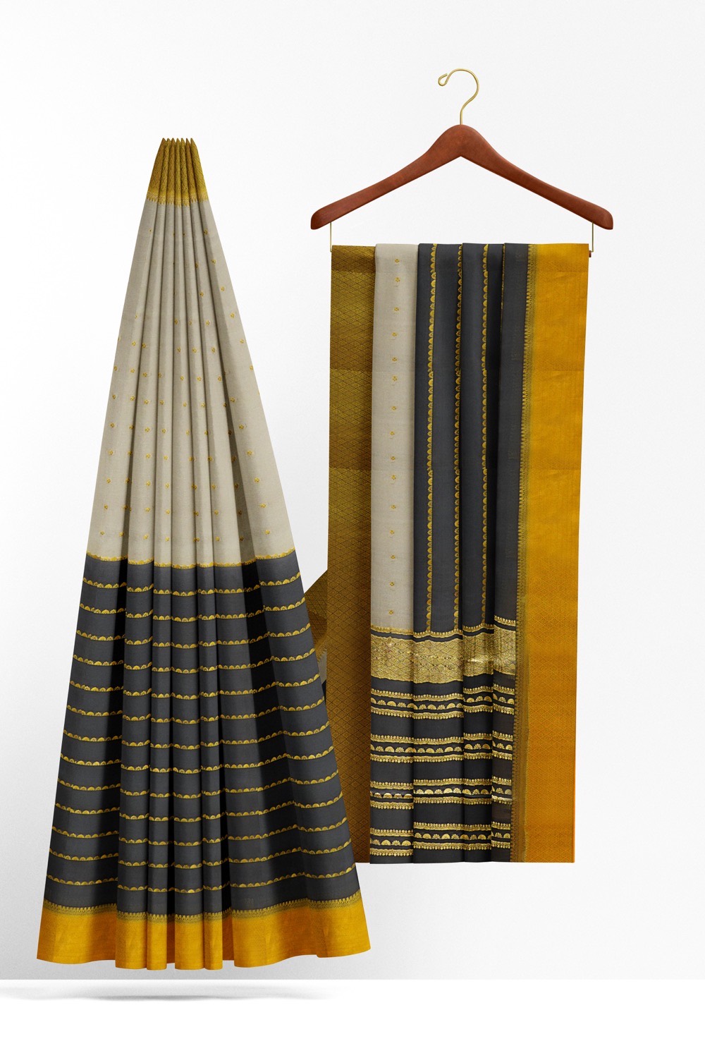 sri kumaran stores mysuru silk saree black and grey saree with golden zari border 2