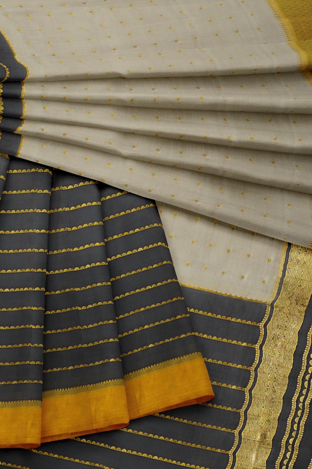 sri kumaran stores mysuru silk saree black and grey saree with golden zari border 4