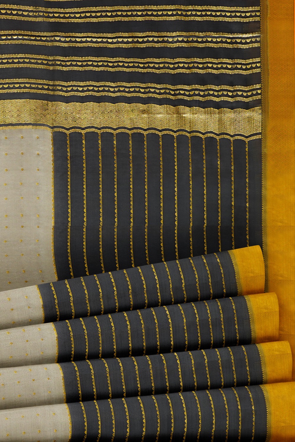 sri kumaran stores mysuru silk saree black and grey saree with golden zari border 5