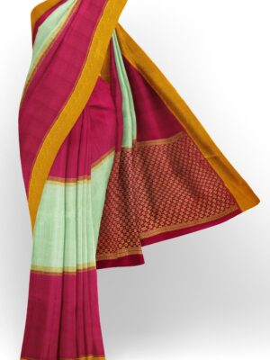 sri kumaran stores mysuru silk saree dark pink with light blue saree with golden zari border 1