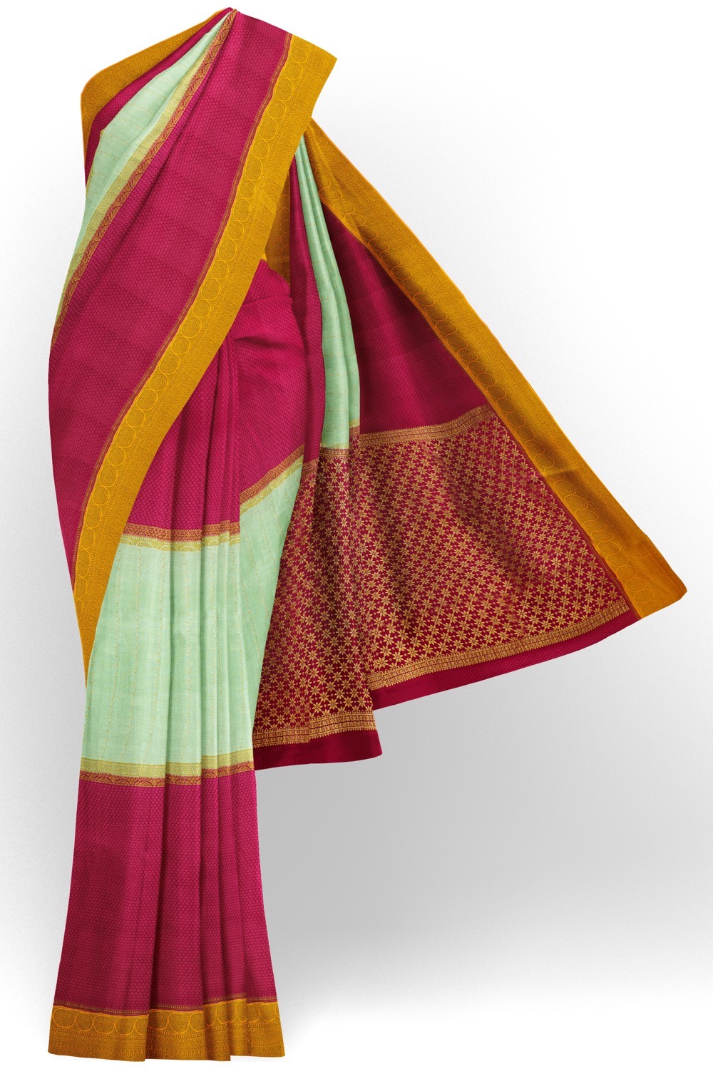 sri kumaran stores mysuru silk saree dark pink with light blue saree with golden zari border 1