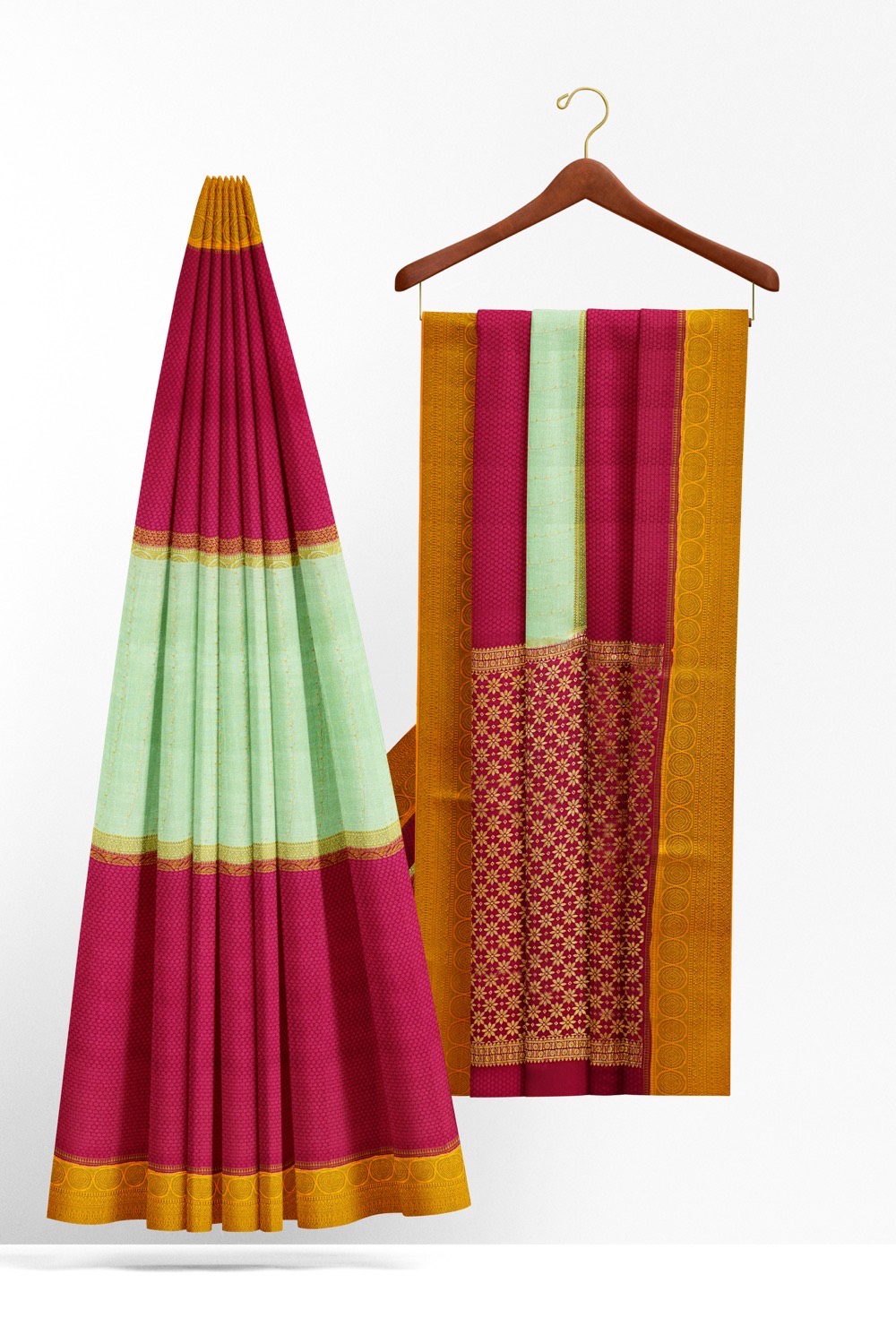 sri kumaran stores mysuru silk saree dark pink with light blue saree with golden zari border 2