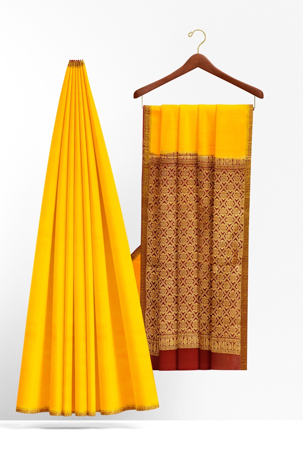 sri kumaran stores mysuru silk saree golden yellow saree with brown pallu 2