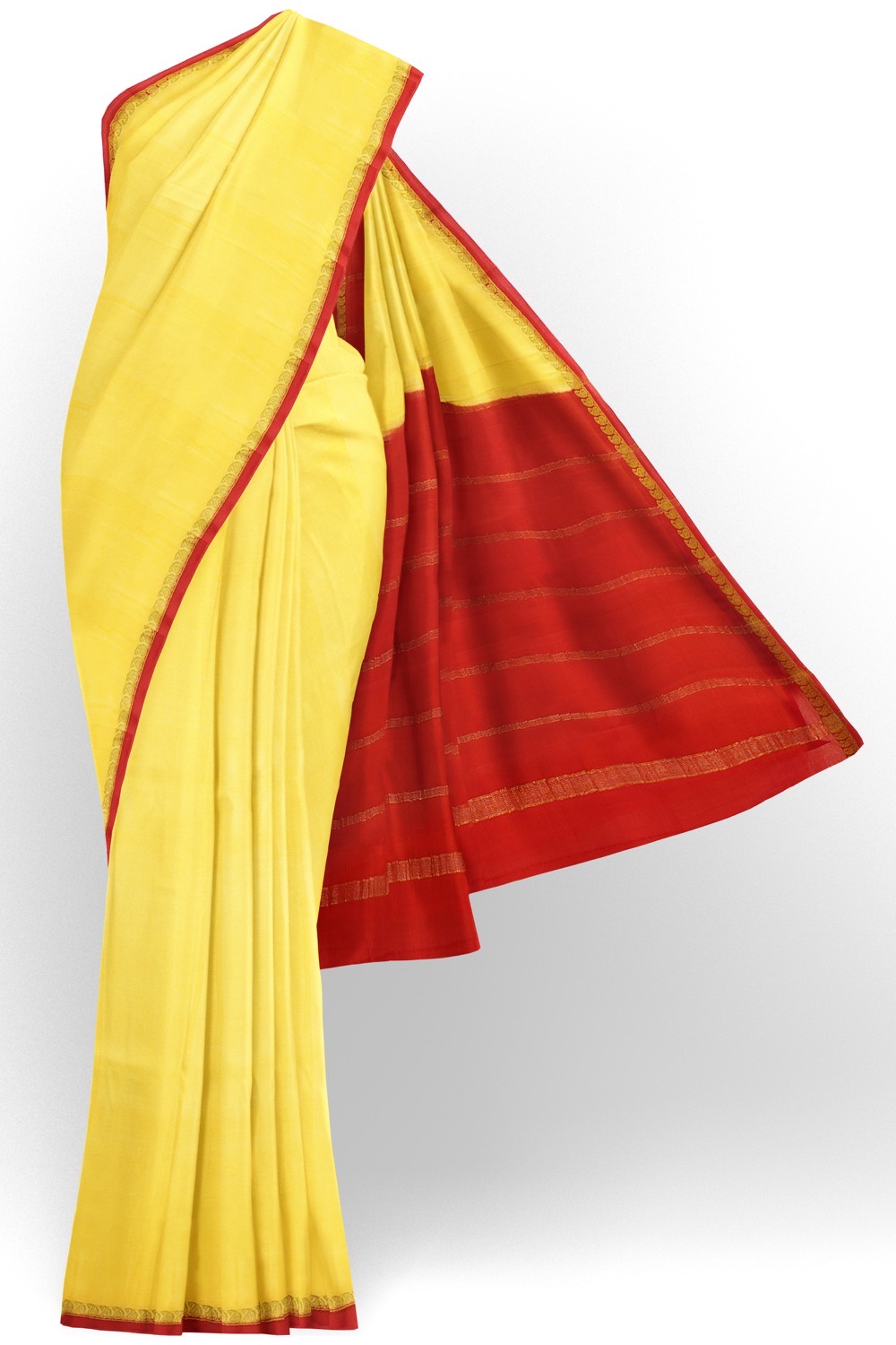 sri kumaran stores mysuru silk saree lagune yellow saree with raspberry red border 1