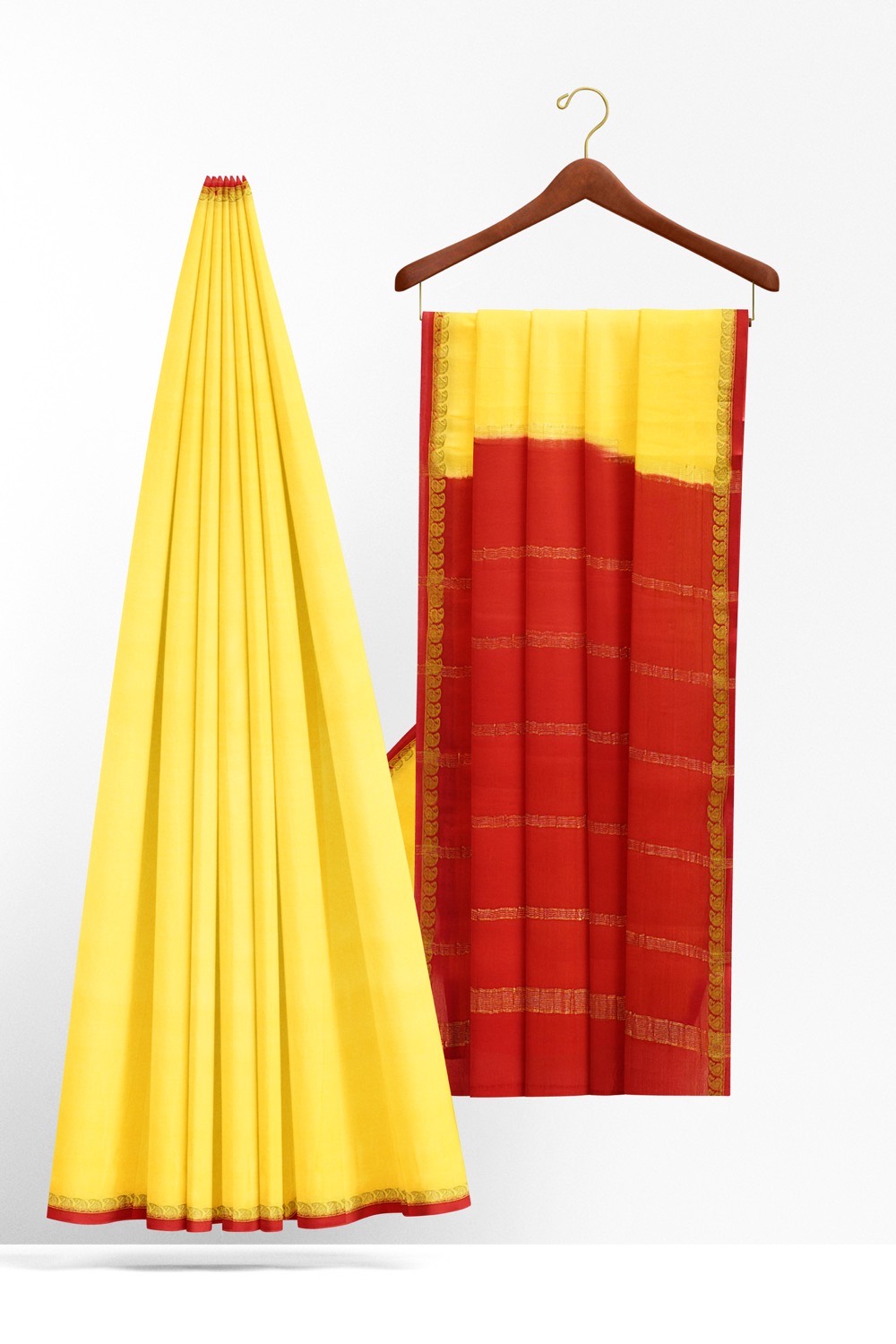 sri kumaran stores mysuru silk saree lagune yellow saree with raspberry red border 2