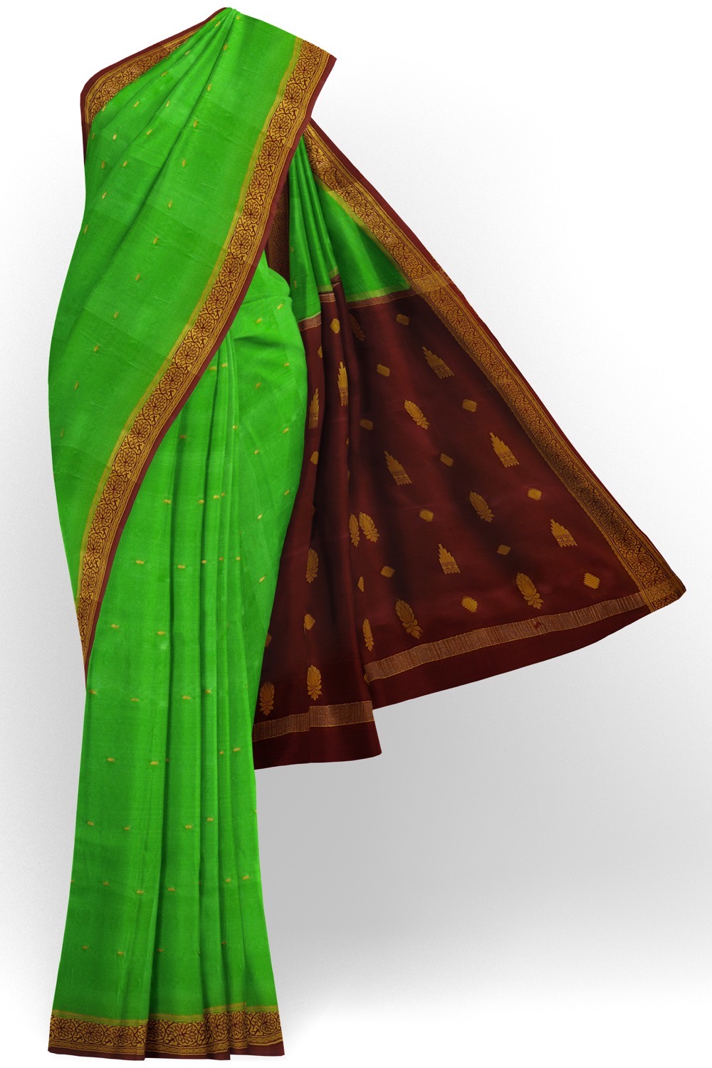 sri kumaran stores mysuru silk saree lawn green saree with brown pallu and border 1