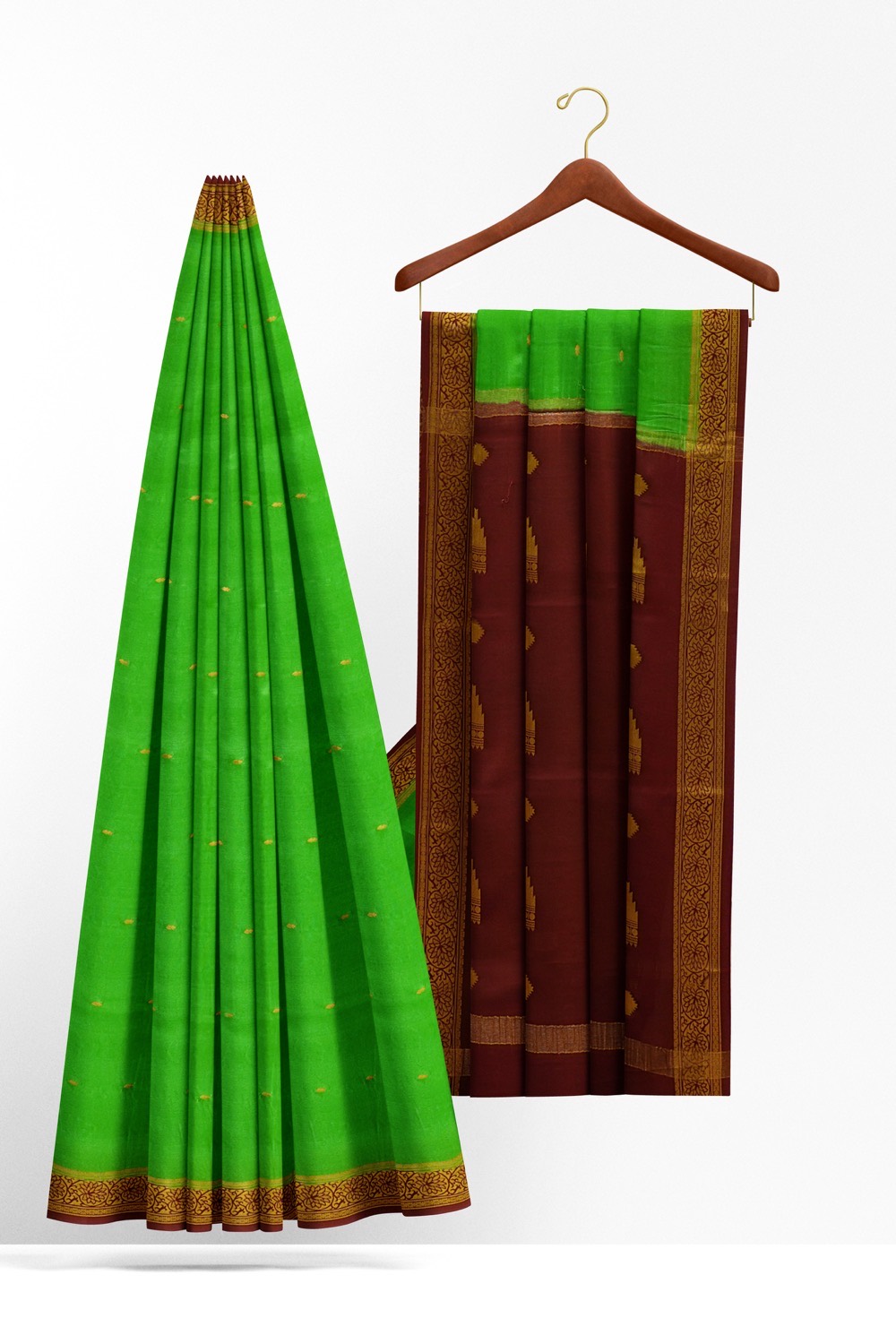 sri kumaran stores mysuru silk saree lawn green saree with brown pallu and border 2