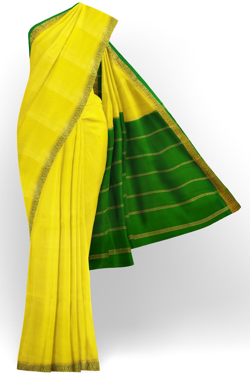 sri kumaran stores mysuru silk saree lemon yellow saree with jungle green pallu and border 1