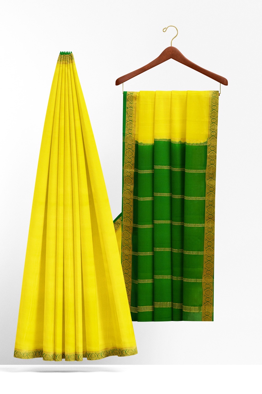sri kumaran stores mysuru silk saree lemon yellow saree with jungle green pallu and border 2