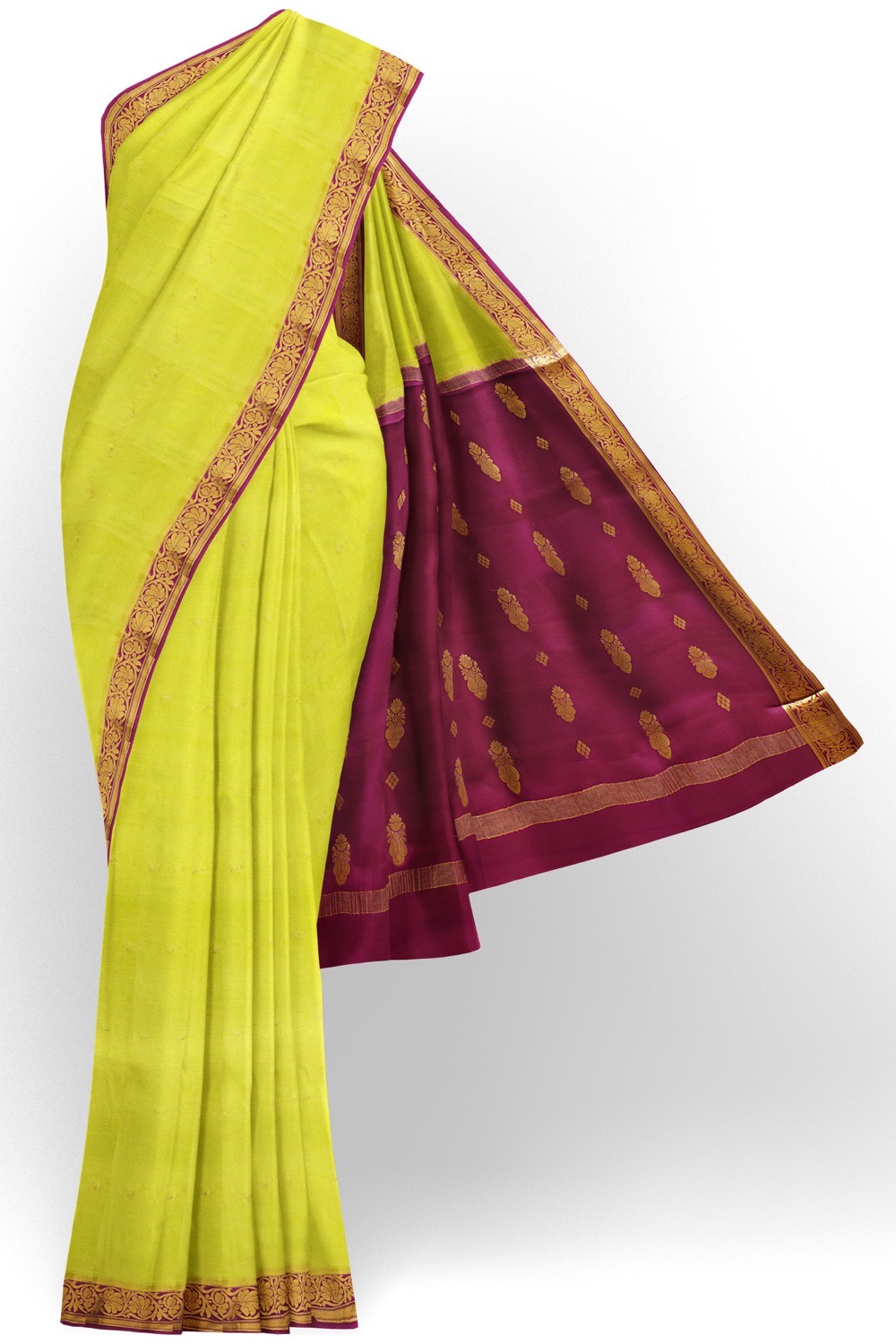 sri kumaran stores mysuru silk saree lime green saree with plum color pallu and border 1
