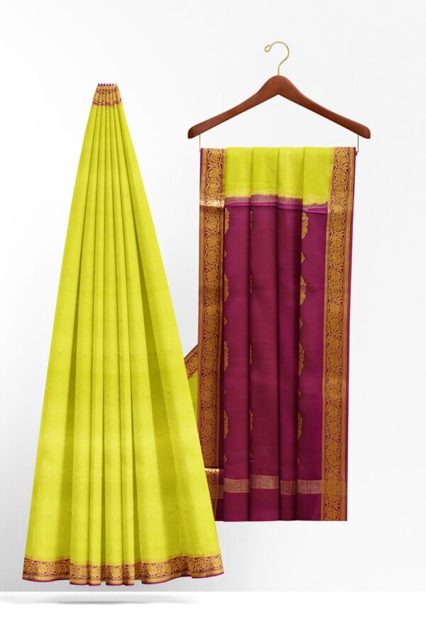 sri kumaran stores mysuru silk saree lime green saree with plum color pallu and border 2