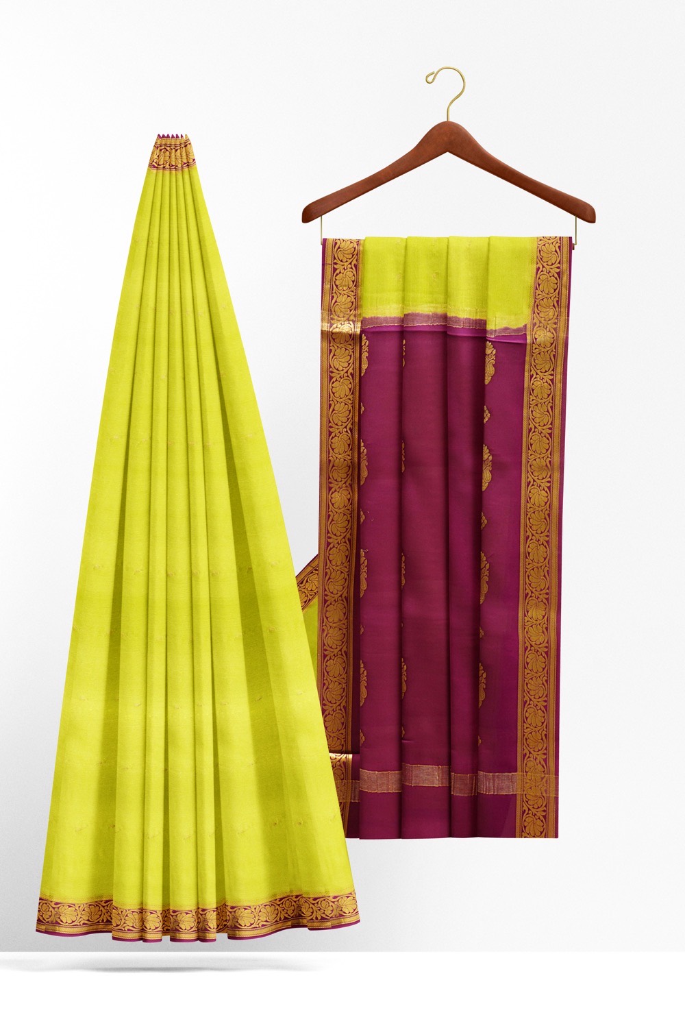 sri kumaran stores mysuru silk saree lime green saree with plum color pallu and border 2