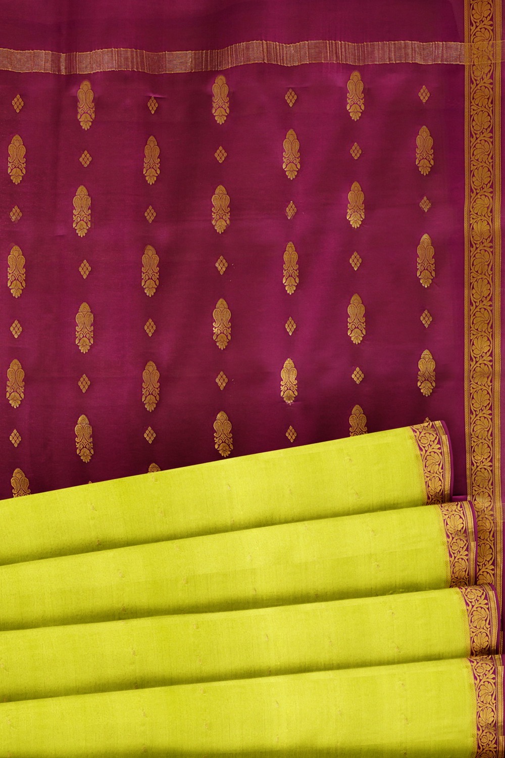 sri kumaran stores mysuru silk saree lime green saree with plum color pallu and border 5