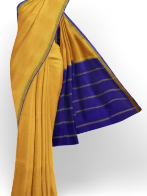 sri kumaran stores mysuru silk saree mustard saree with blue border and pallu 1