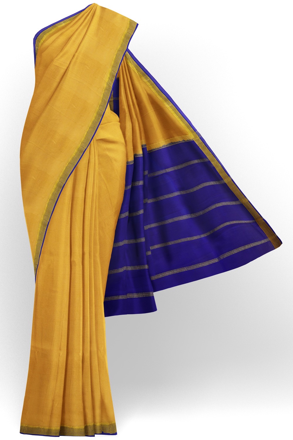 sri kumaran stores mysuru silk saree mustard saree with blue border and pallu 1