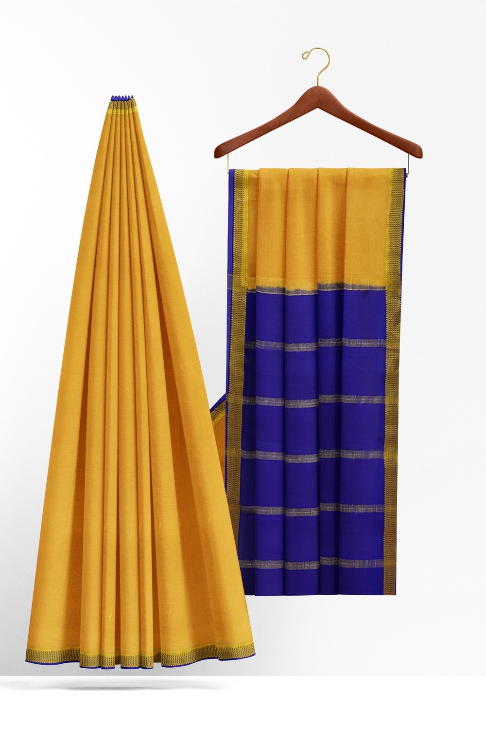 sri kumaran stores mysuru silk saree mustard saree with blue border and pallu 2