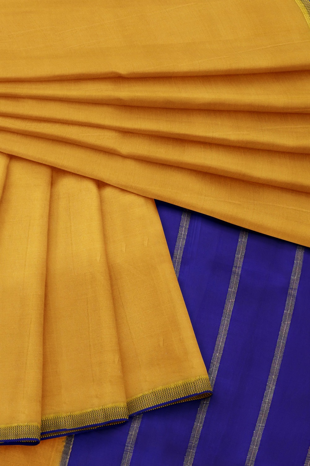 sri kumaran stores mysuru silk saree mustard saree with blue border and pallu 4