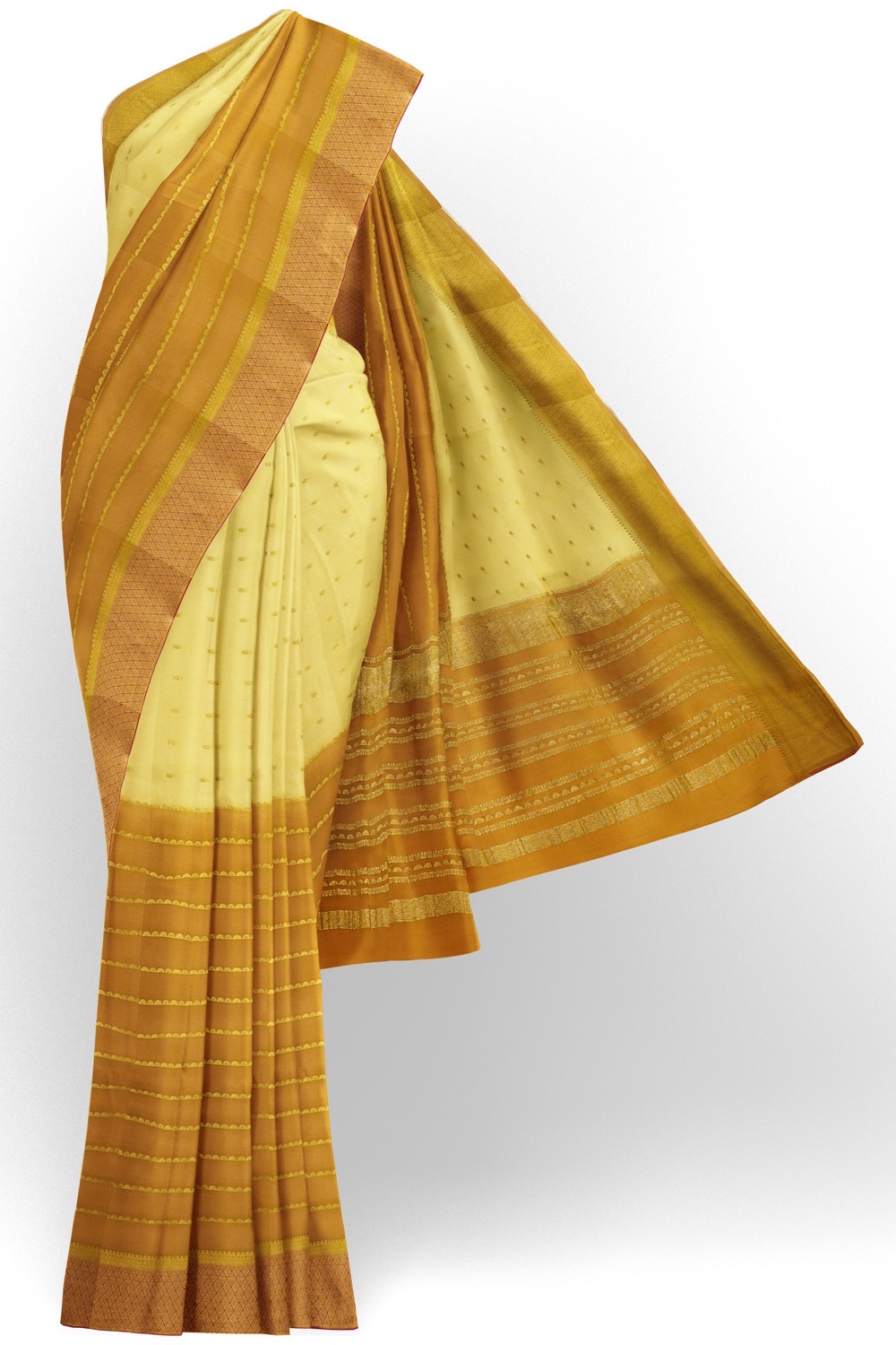 sri kumaran stores mysuru silk saree mustard with pale yellow saree with golden zari 1