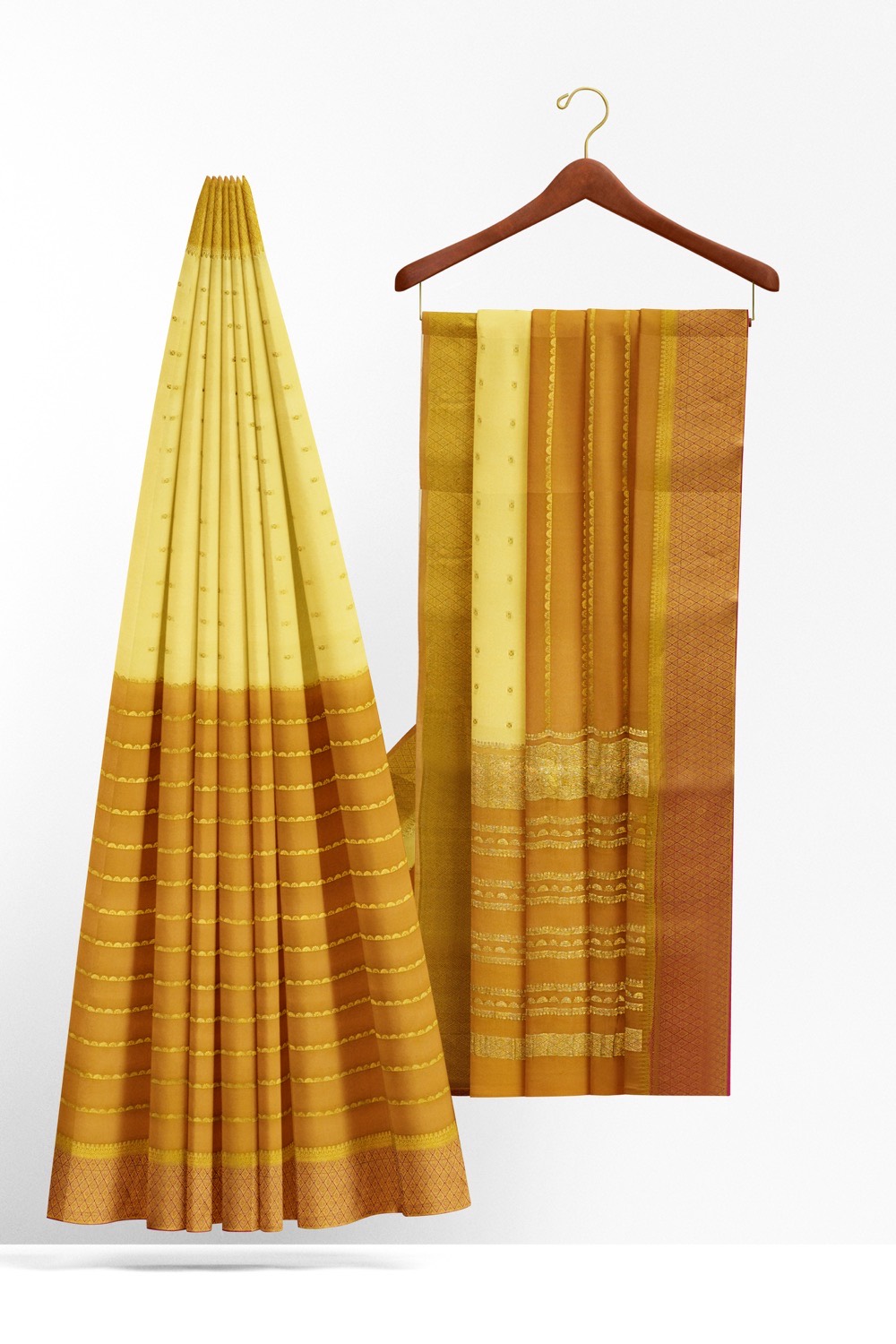 sri kumaran stores mysuru silk saree mustard with pale yellow saree with golden zari 2