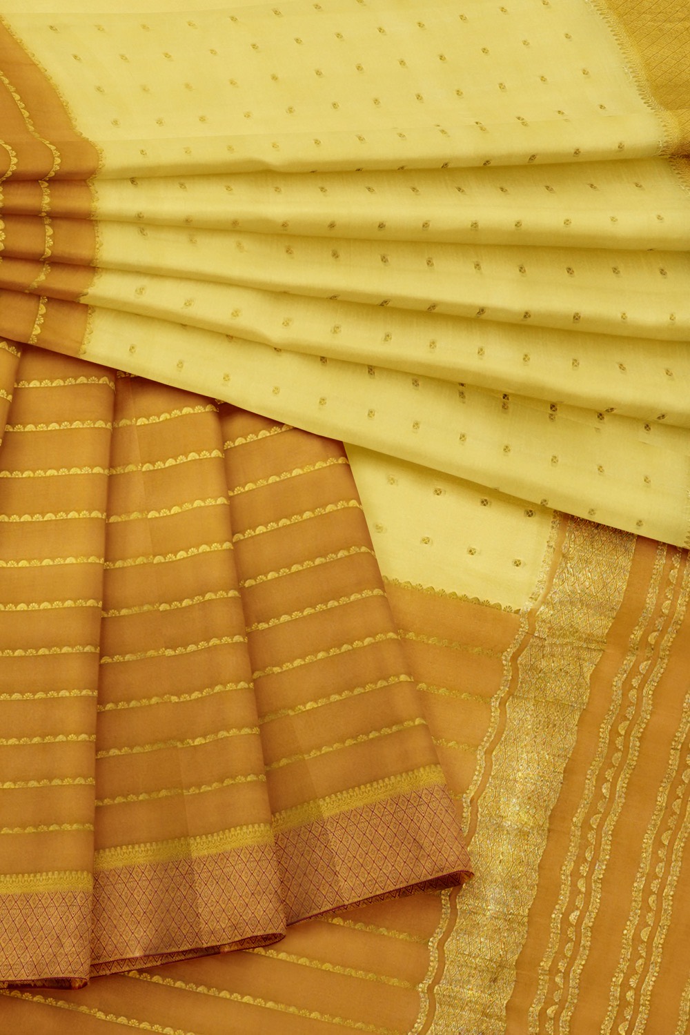 sri kumaran stores mysuru silk saree mustard with pale yellow saree with golden zari 4