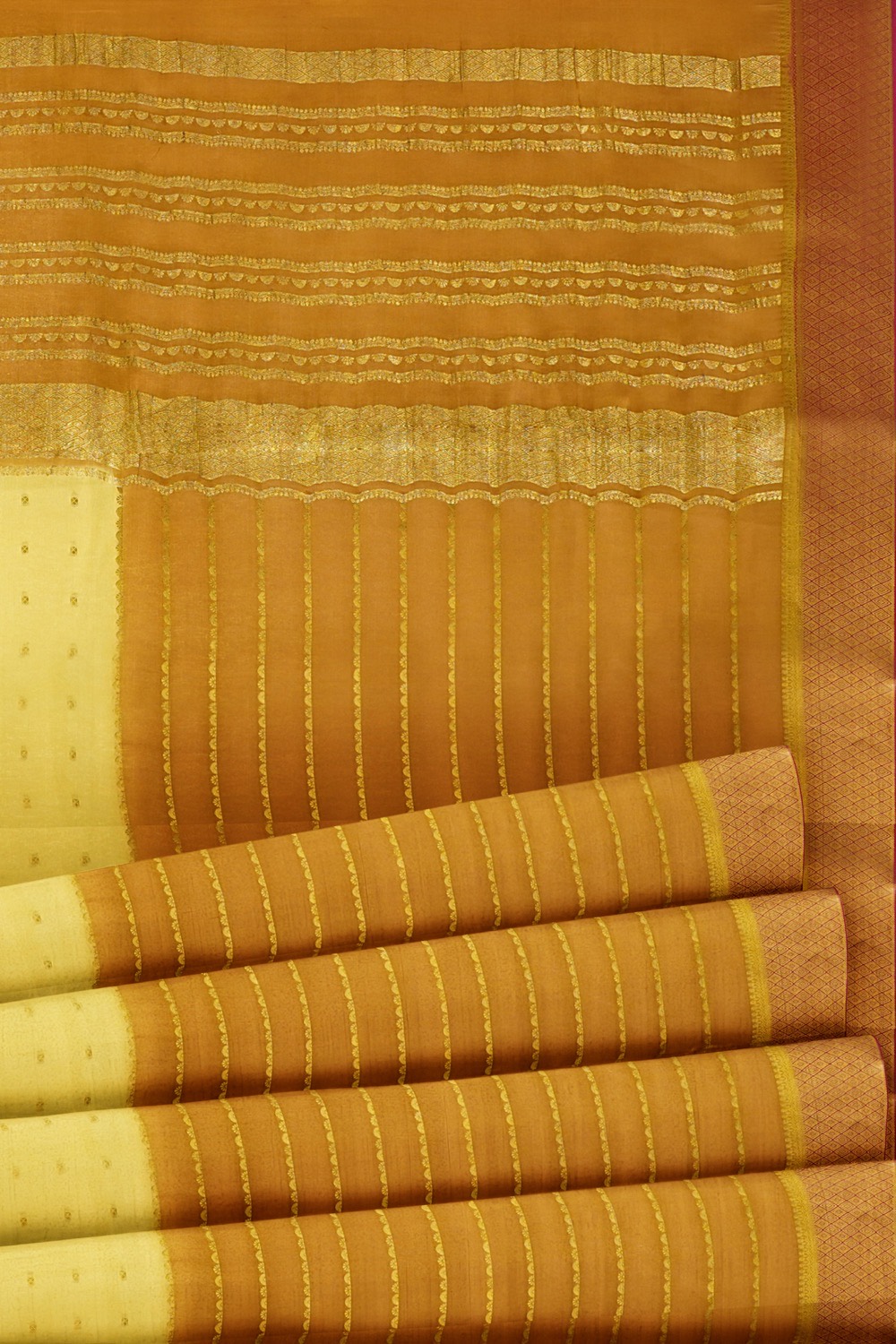 sri kumaran stores mysuru silk saree mustard with pale yellow saree with golden zari 5